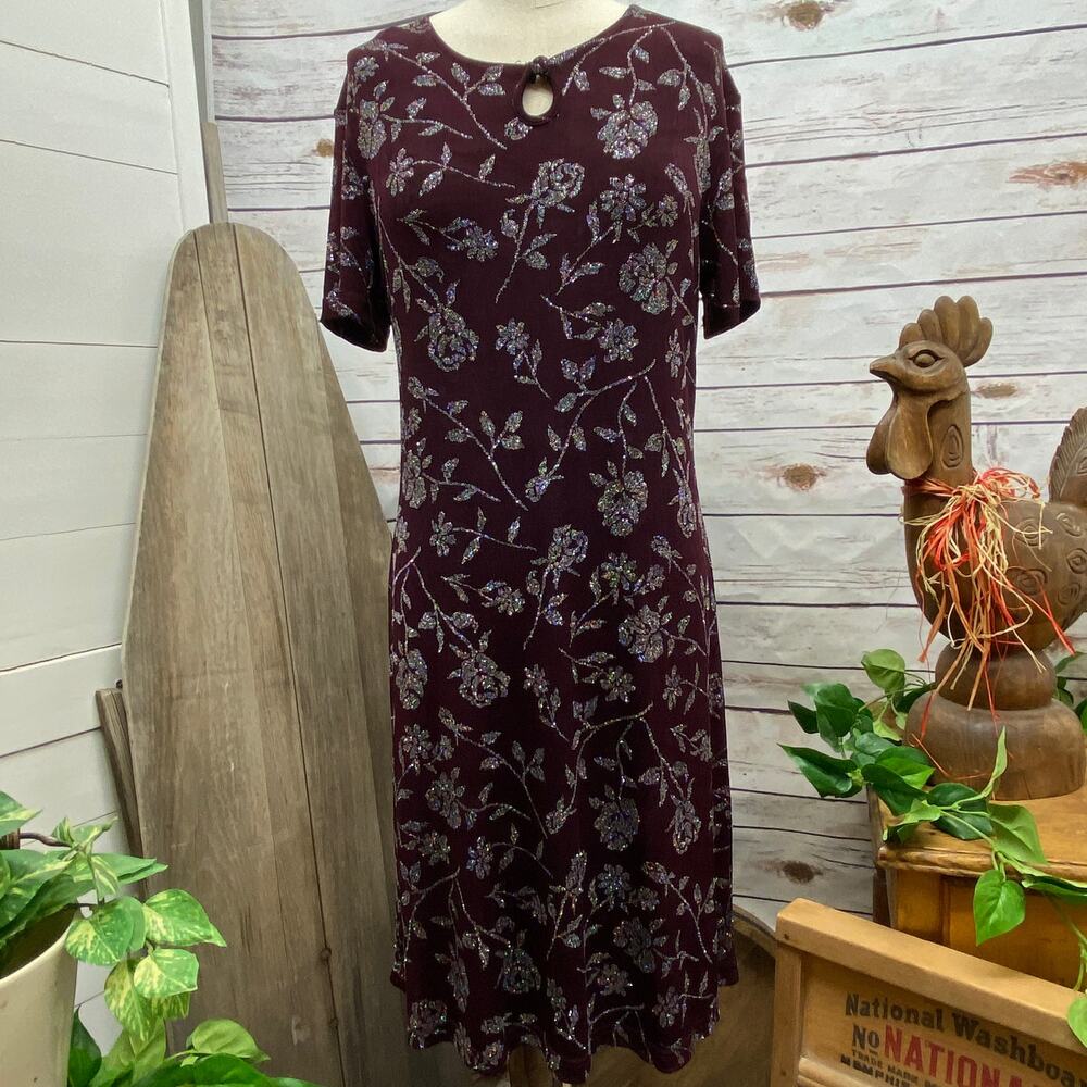 Michael Carrie Short Sleeve Glitter Roses Dress Small Stretchy Wine Purple